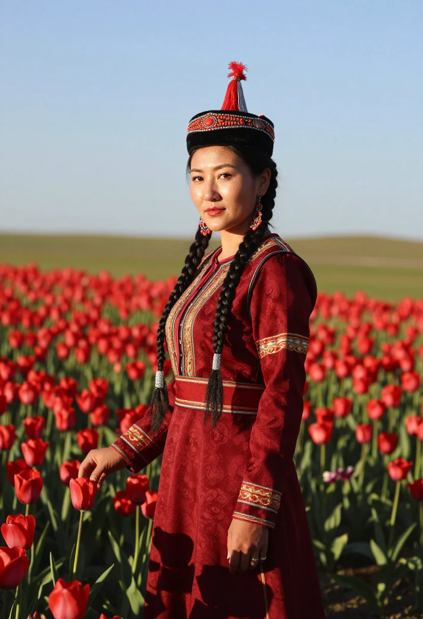 AI kalmyk sample — candid three-quarter-length festival portrait of a Kalmyk wo