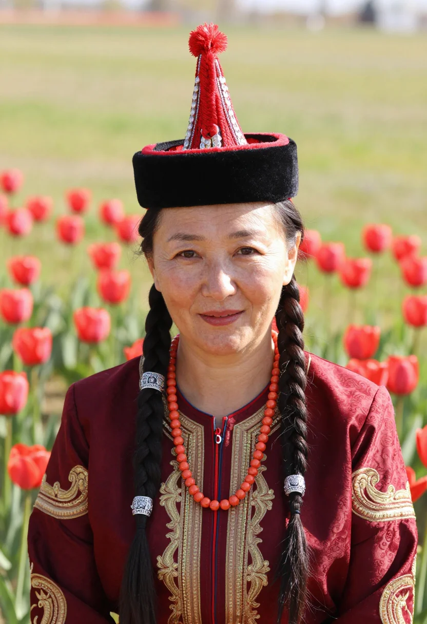 AI kalmyk sample — candid bust-length festival portrait of a Kalmyk woman with