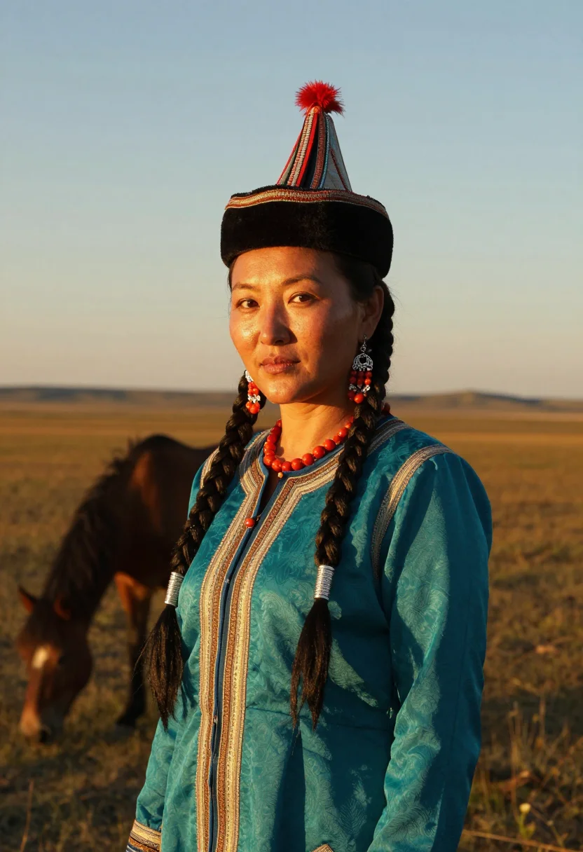 AI kalmyk sample — candid half-length editorial portrait of a Kalmyk woman with