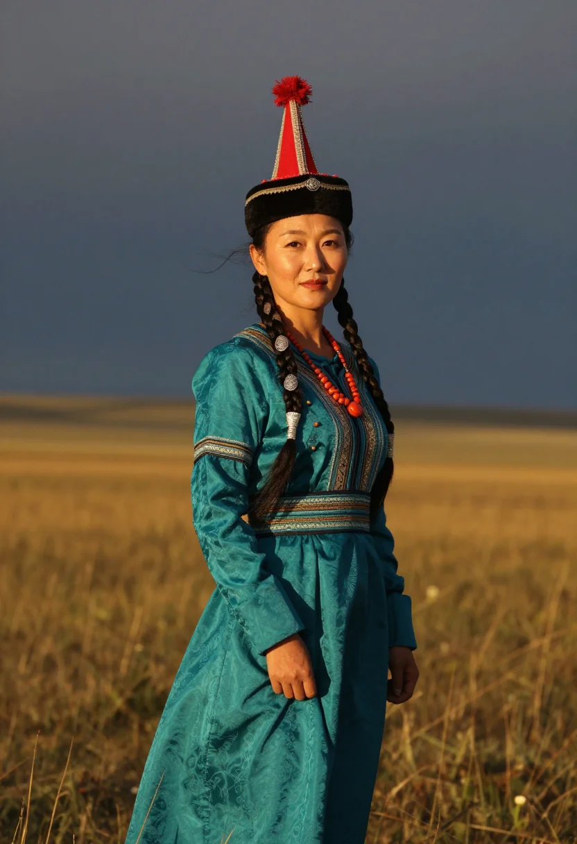 AI kalmyk sample — candid three-quarter-length editorial portrait of a Kalmyk w
