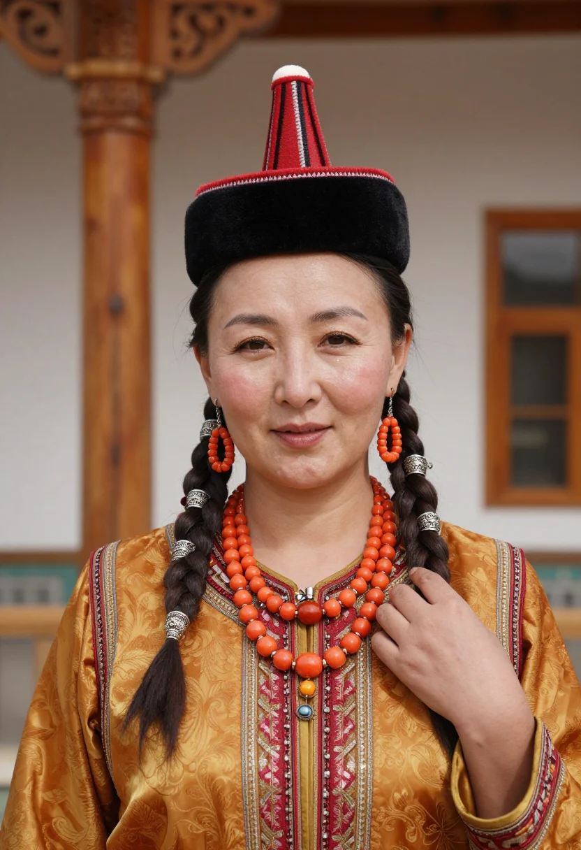 AI kalmyk sample — candid bust-length portrait of a Kalmyk woman with warm sun-