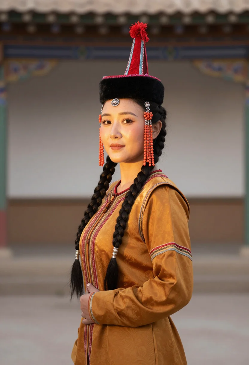 AI kalmyk sample — candid three-quarter-length portrait of a Kalmyk woman with
