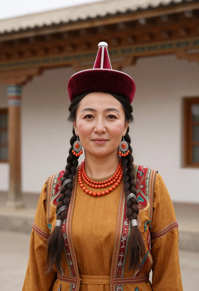 AI kalmyk sample — candid half-length portrait of a Kalmyk woman with warm hone