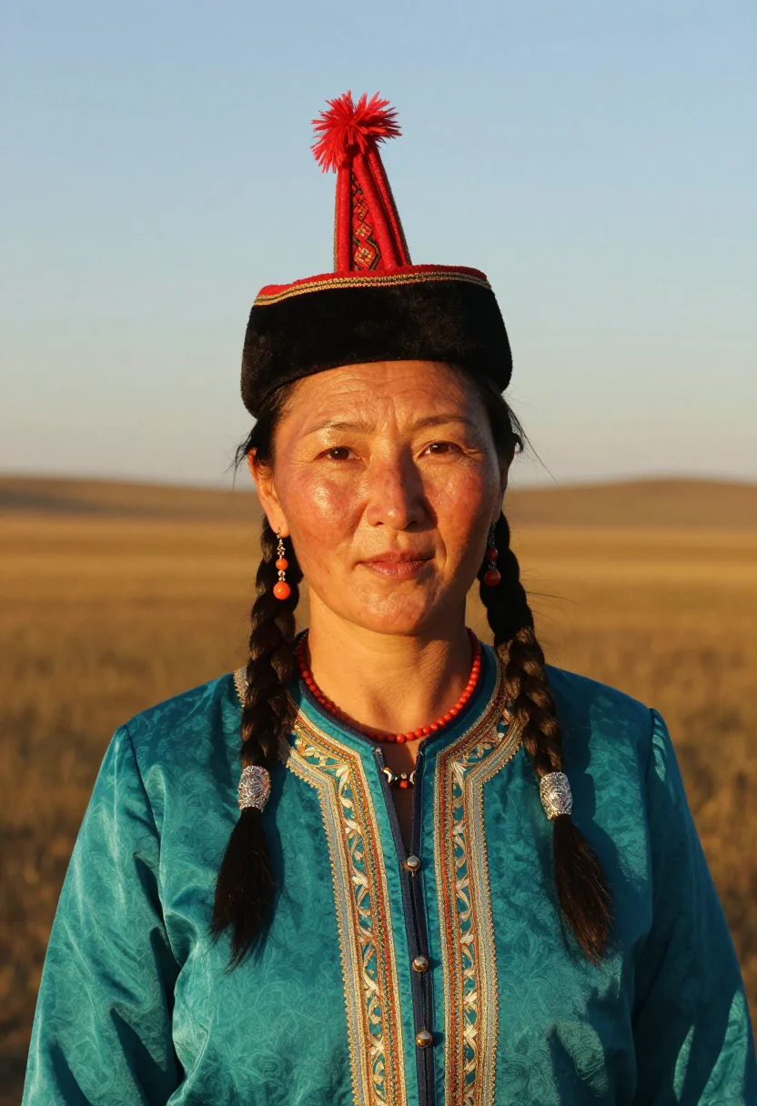 AI kalmyk sample — candid bust-length editorial portrait of a Kalmyk woman with