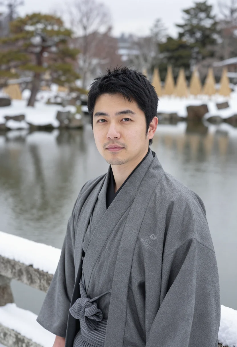 AI kanazawa kenrokuen yukitsuri sample — portrait of a man, framed tight, head and shoulders, the bod