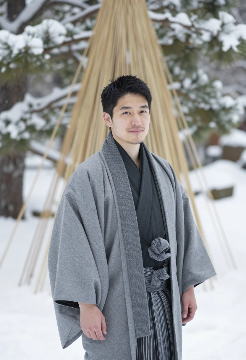 AI kanazawa kenrokuen yukitsuri sample — portrait of a man, framed half-length, the crop at the waist