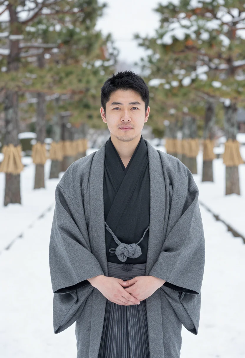 AI kanazawa kenrokuen yukitsuri sample — portrait of a man, framed half-length, the crop at the waist
