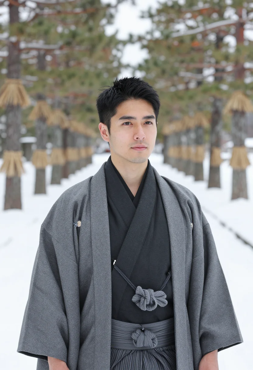 AI kanazawa kenrokuen yukitsuri sample — portrait of a man, framed chest-up, the crop stopping at the