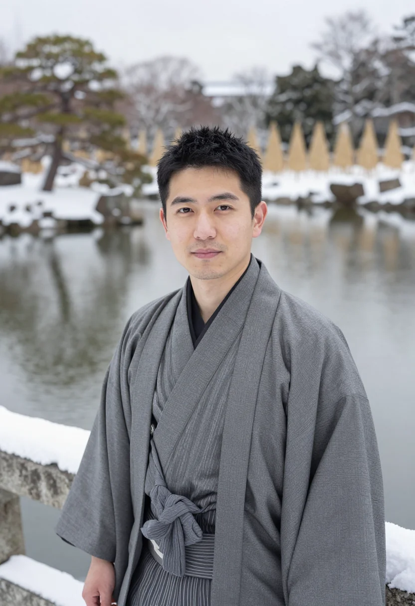 AI kanazawa kenrokuen yukitsuri sample — portrait of a man, framed chest-up, the crop stopping at the