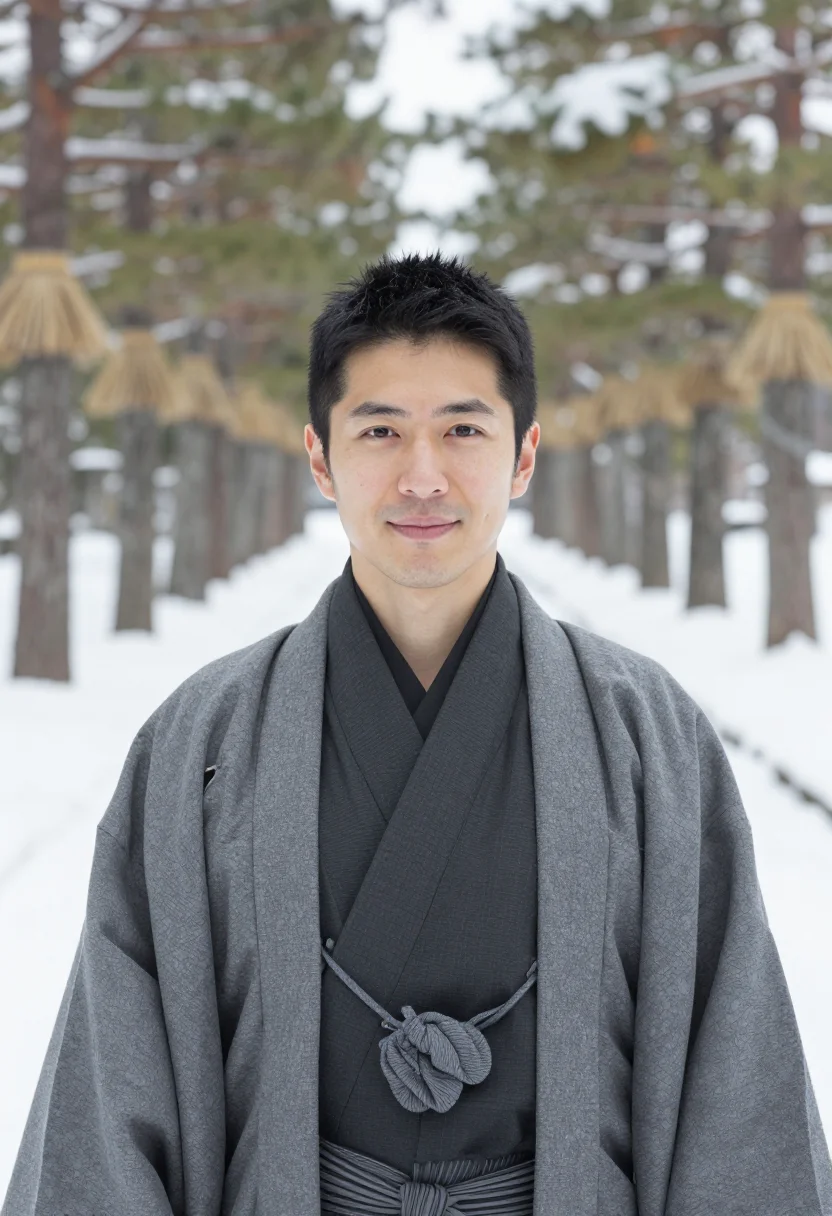 AI kanazawa kenrokuen yukitsuri sample — portrait of a man, framed tight, head and shoulders, the bod