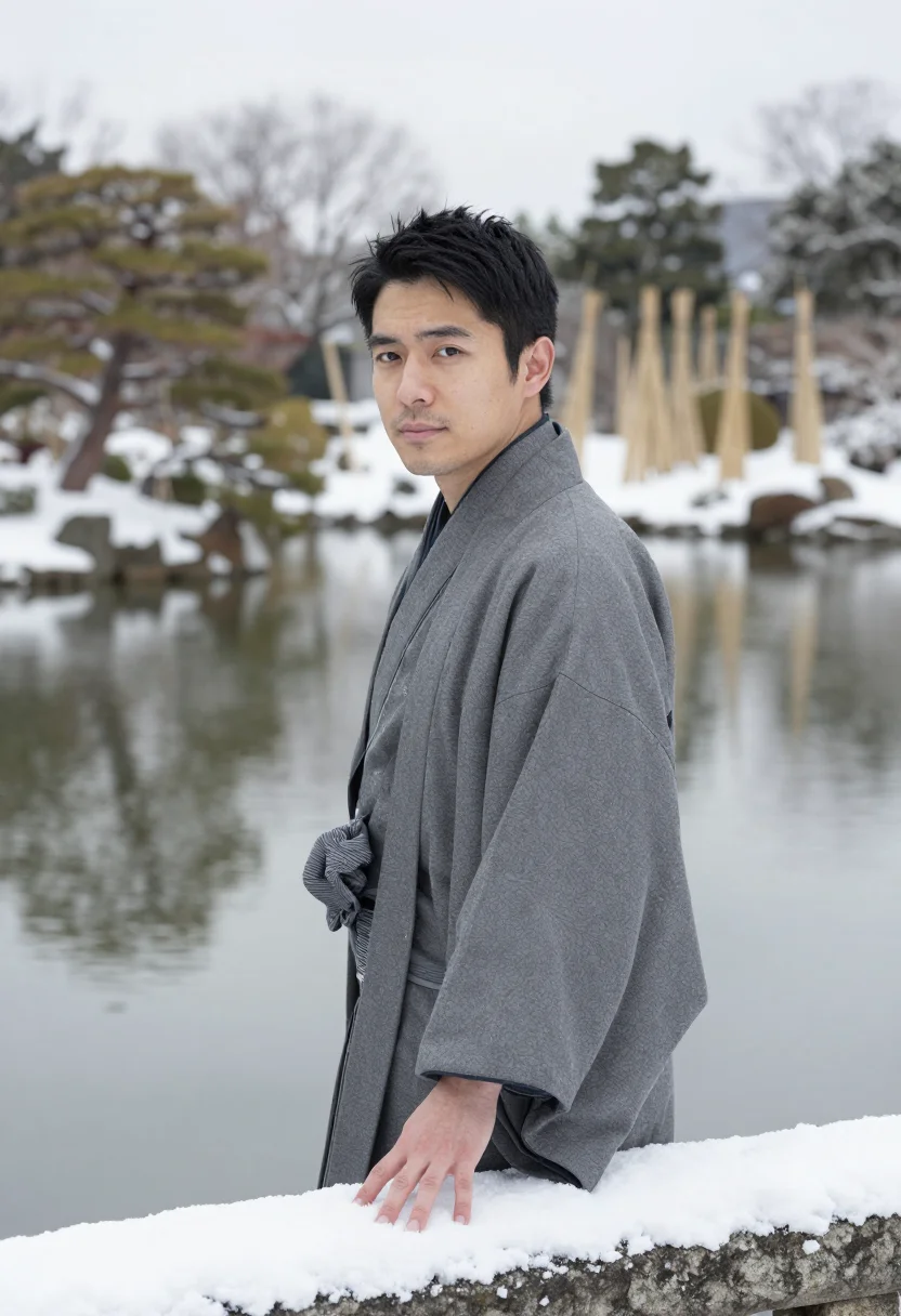 AI kanazawa kenrokuen yukitsuri sample — portrait of a man, framed half-length, the crop at the waist