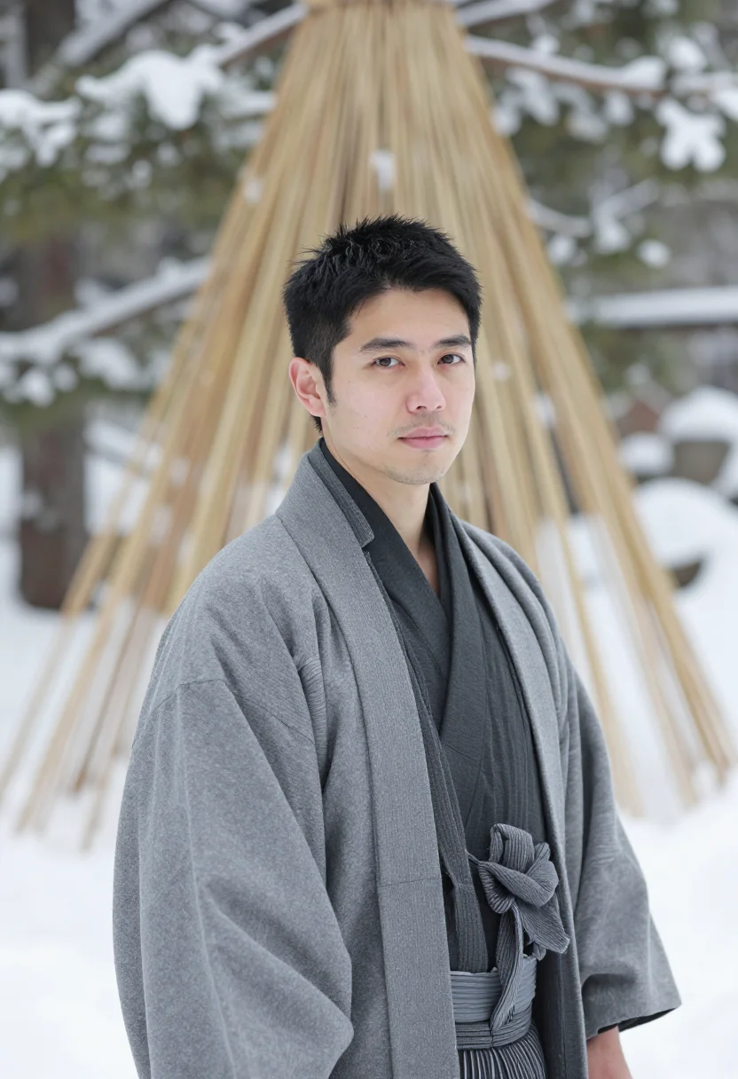 AI kanazawa kenrokuen yukitsuri sample — portrait of a man, framed chest-up, the crop stopping at the