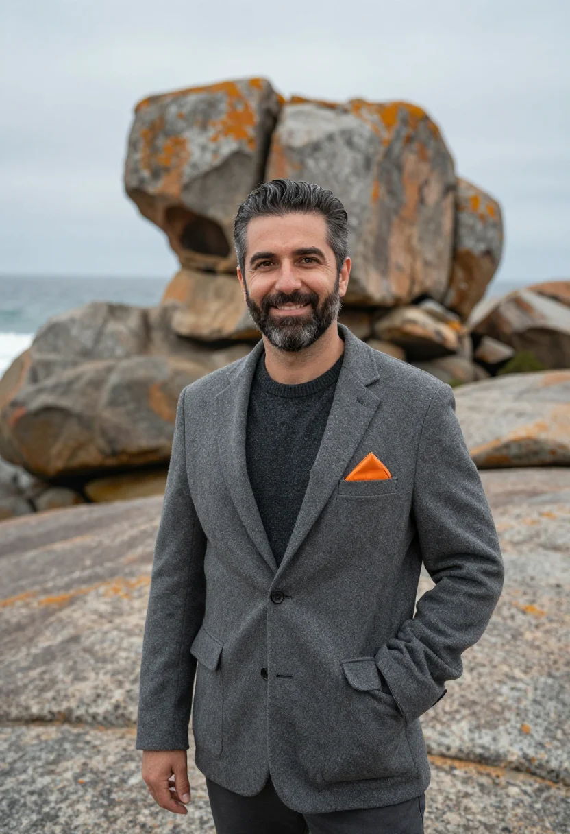 AI kangaroo island vet lichen orange granite sample — portrait of a man, a wildlife veterinarian in his forties of