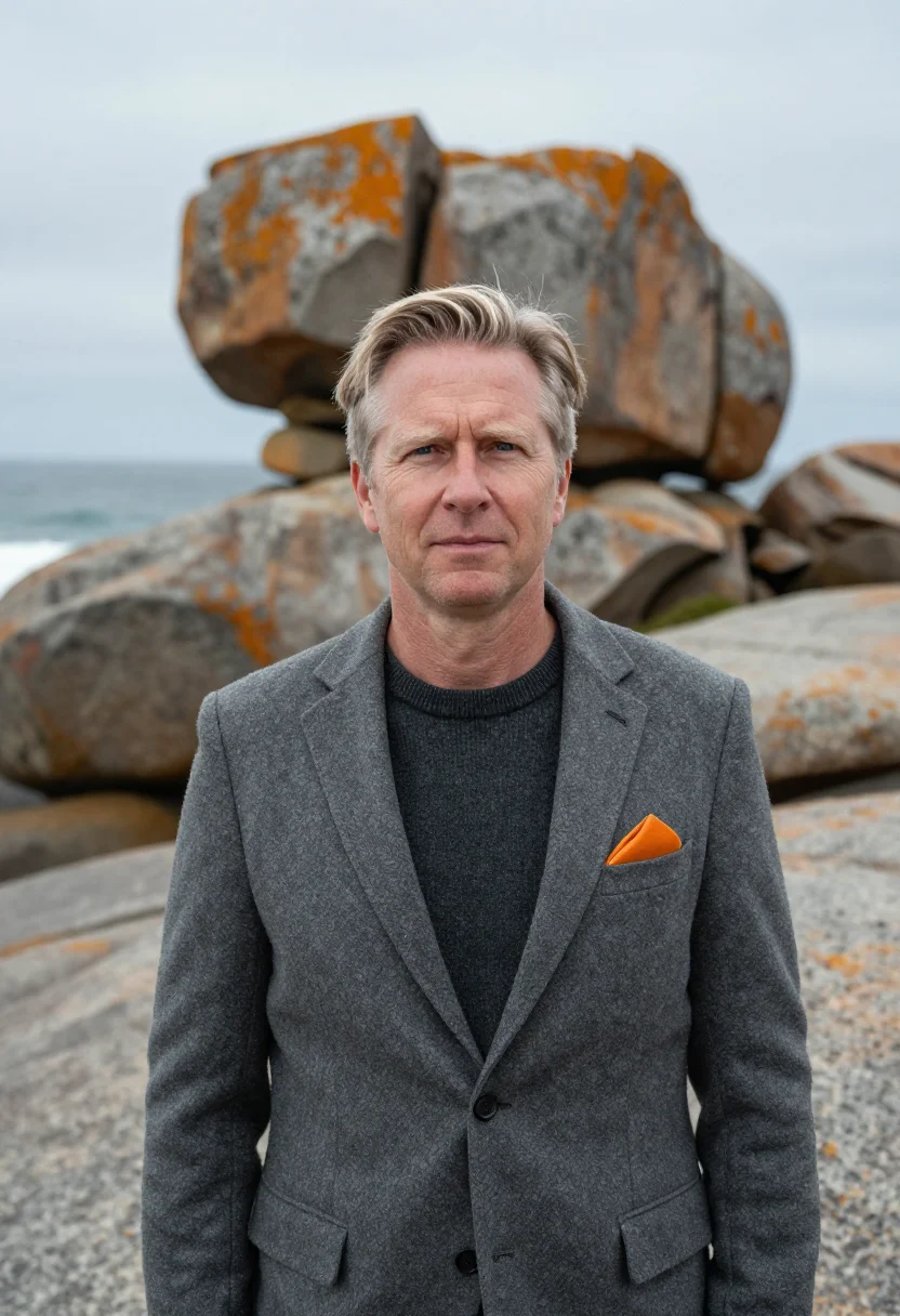 AI kangaroo island vet lichen orange granite sample — portrait of a man, a wildlife veterinarian in his fifties of
