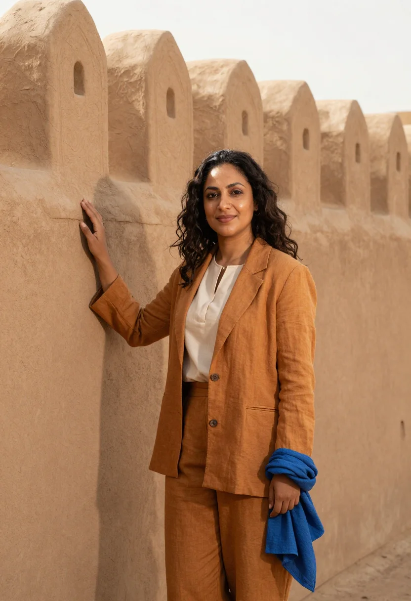 AI kano conservator mud city ochre indigo sample — portrait of a woman, a conservator, a Lebanese-Nigerian woma