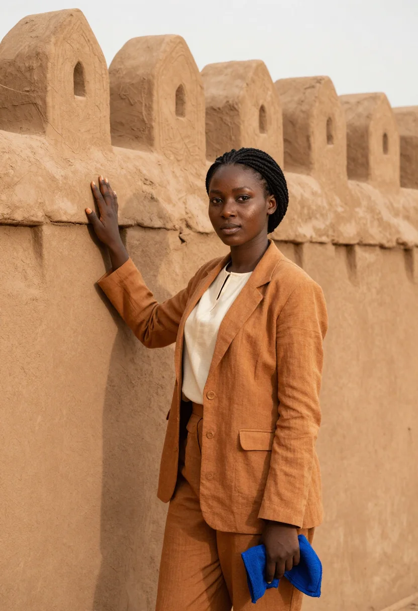 AI kano conservator mud city ochre indigo sample — portrait of a woman, a conservator, a Hausa woman in her lat