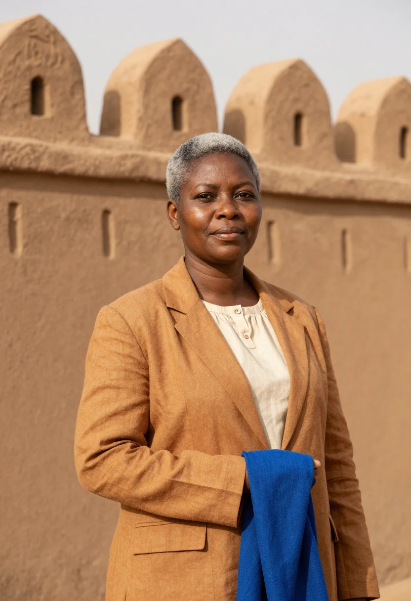 AI kano conservator mud city ochre indigo sample — portrait of a woman, a conservator, a Nigerian woman in her