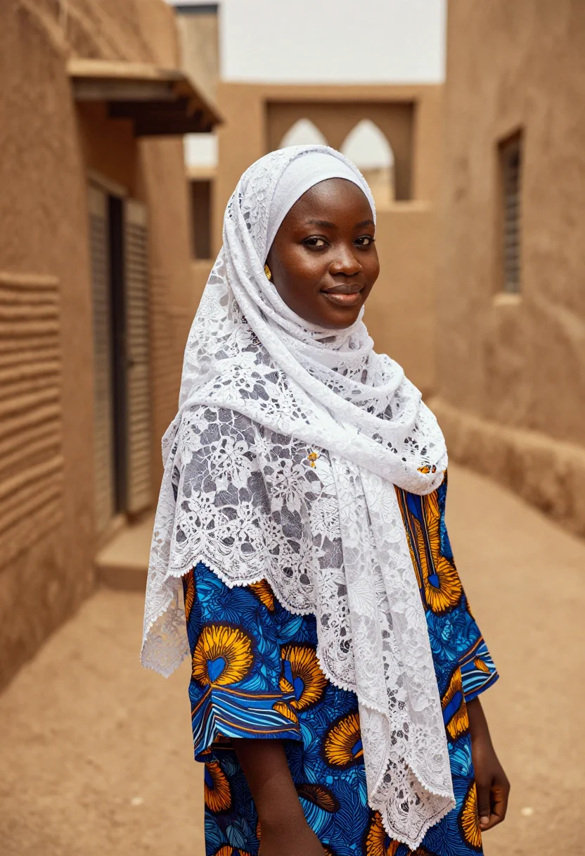 AI kano hijab sample — portrait of a woman, chest-up three-quarter portrait of a Ha