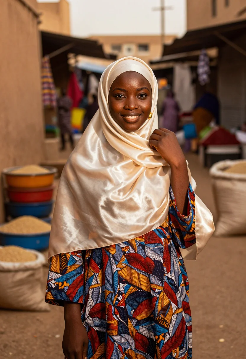 AI kano hijab sample — portrait of a woman, chest-up portrait of a Hausa woman in h