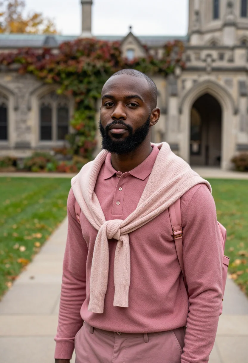AI kanye west college dropout chicago pink polo sample — portrait of a man, a Black American student in his early thi