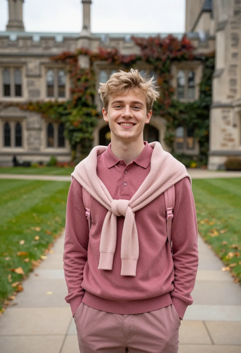 AI kanye west college dropout chicago pink polo sample — portrait of a man, an English student in his mid-twenties wi