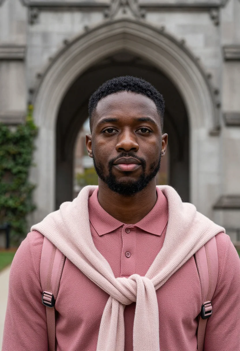 AI kanye west college dropout chicago pink polo sample — portrait of a man, a Black American student in his mid-twent