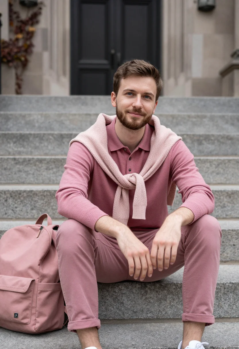 AI kanye west college dropout chicago pink polo sample — portrait of a man, a French student in his late twenties wit