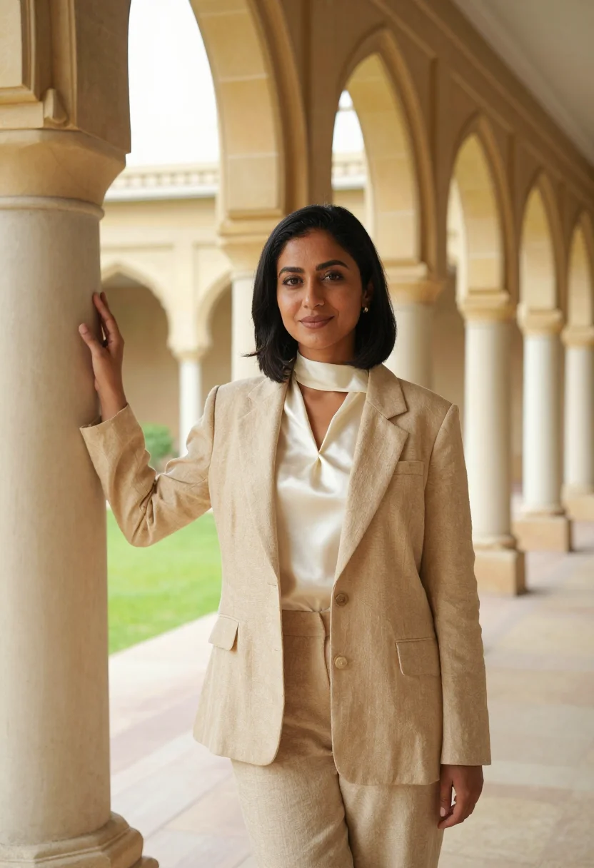 AI karachi barrister yellow limestone sample — portrait of a woman, a barrister in her early thirties with