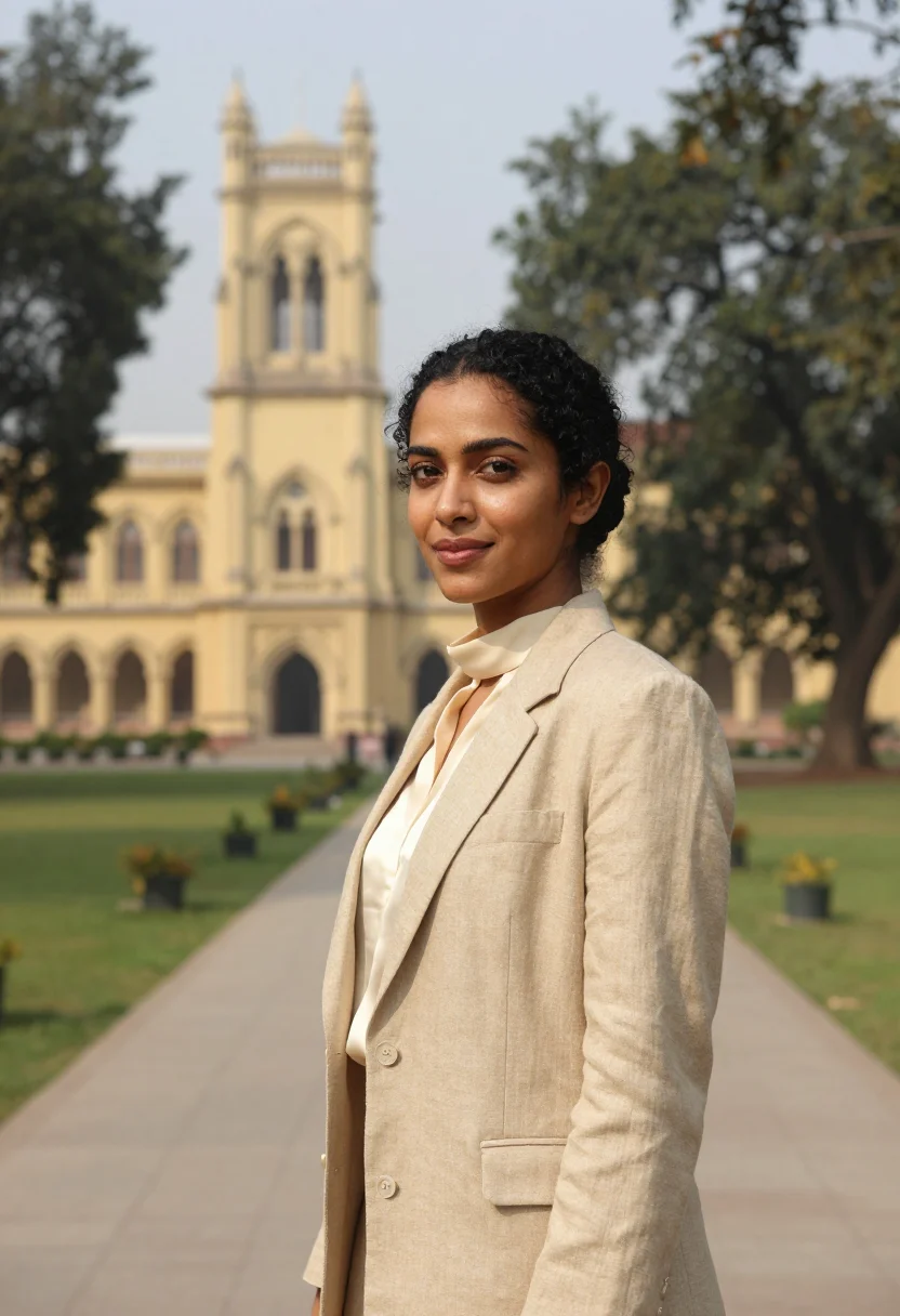AI karachi barrister yellow limestone sample — portrait of a woman, a barrister in her early forties with d