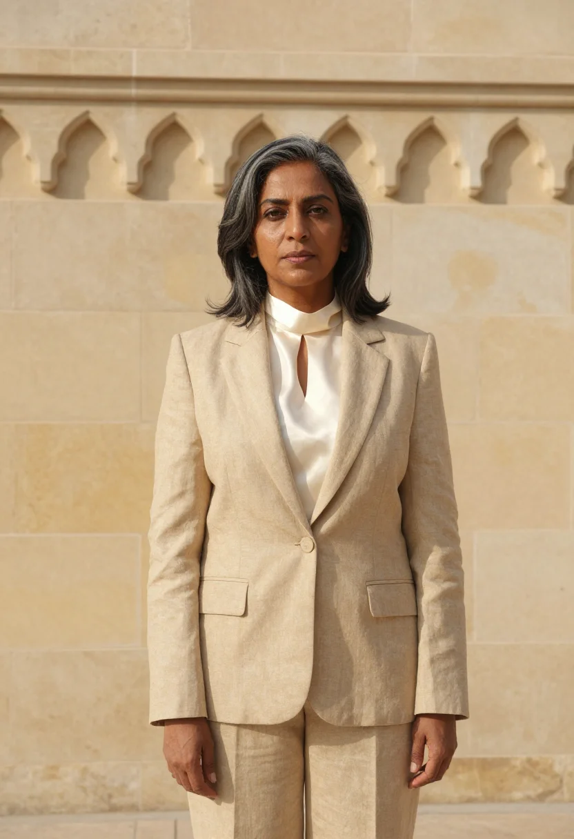 AI karachi barrister yellow limestone sample — portrait of a woman, a barrister in her fifties with deep br