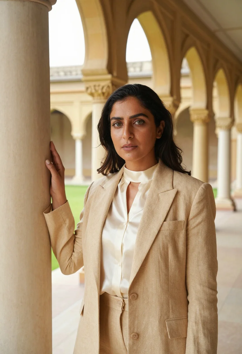 AI karachi barrister yellow limestone sample — portrait of a woman, a barrister in her mid-forties with oli
