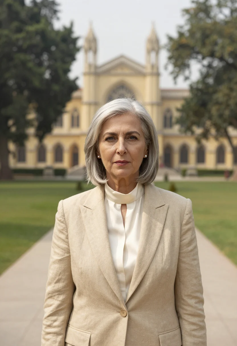 AI karachi barrister yellow limestone sample — portrait of a woman, a barrister in her fifties with fair sk