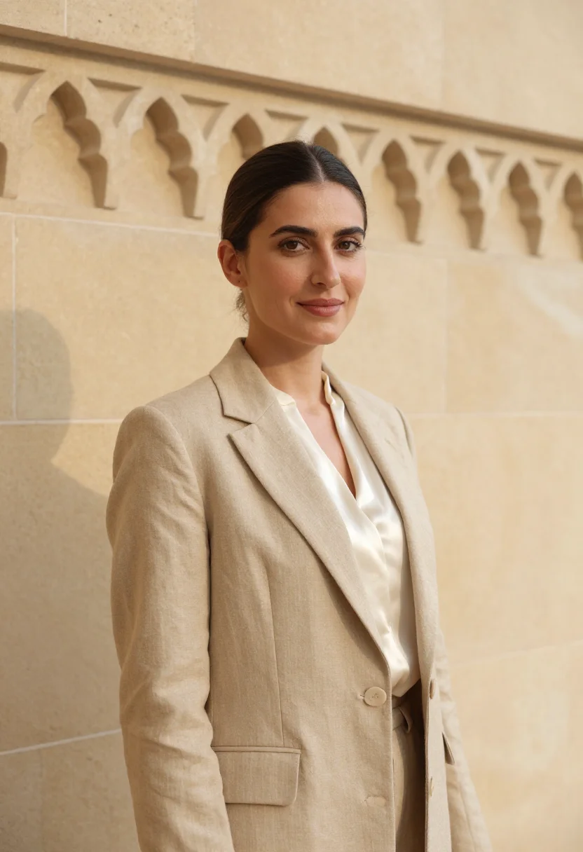 AI karachi barrister yellow limestone sample — portrait of a woman, a barrister in her mid-thirties with fa