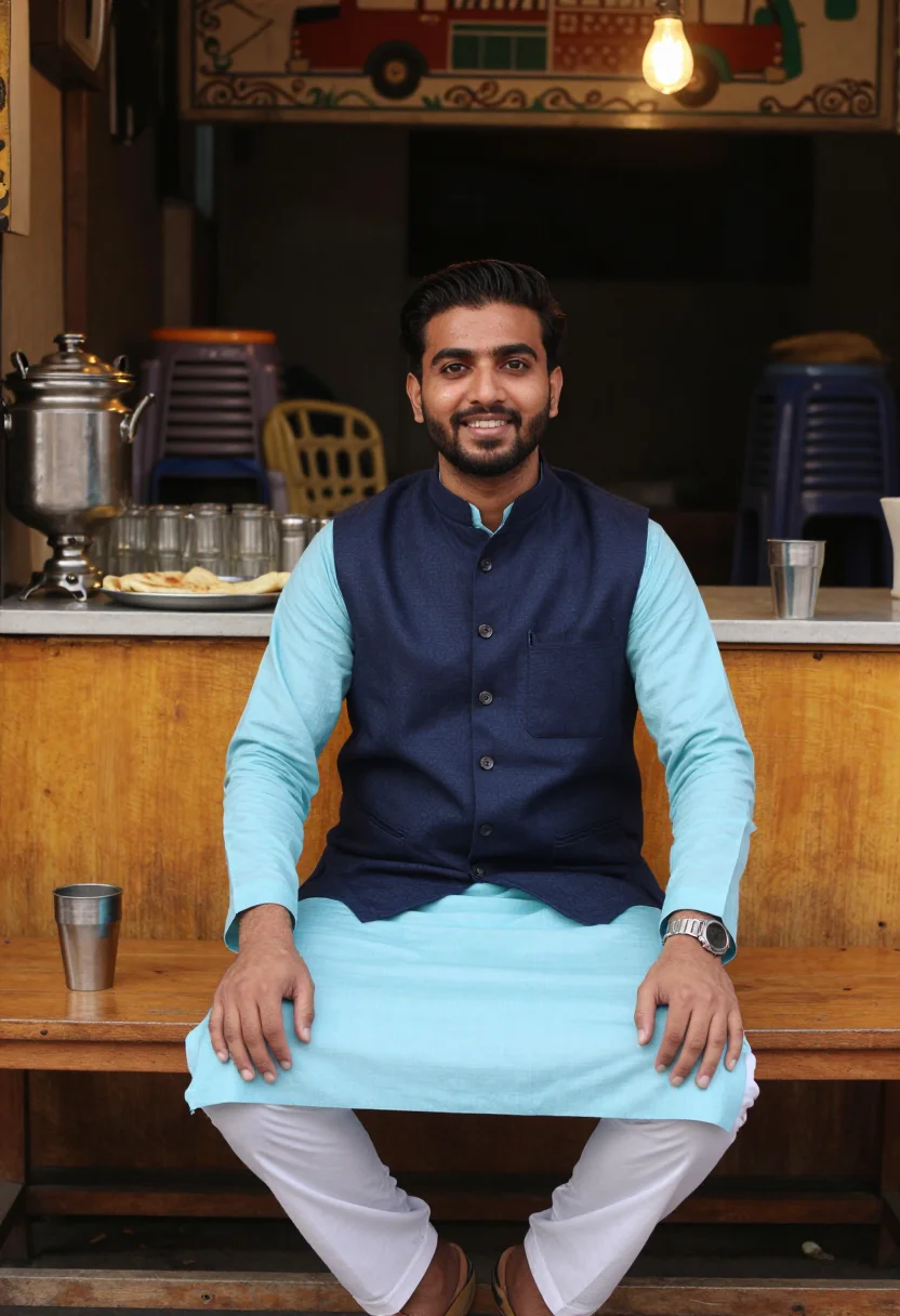 AI karachi kurta shalwar sample — portrait of a man, three-quarter-length seated portrait of a