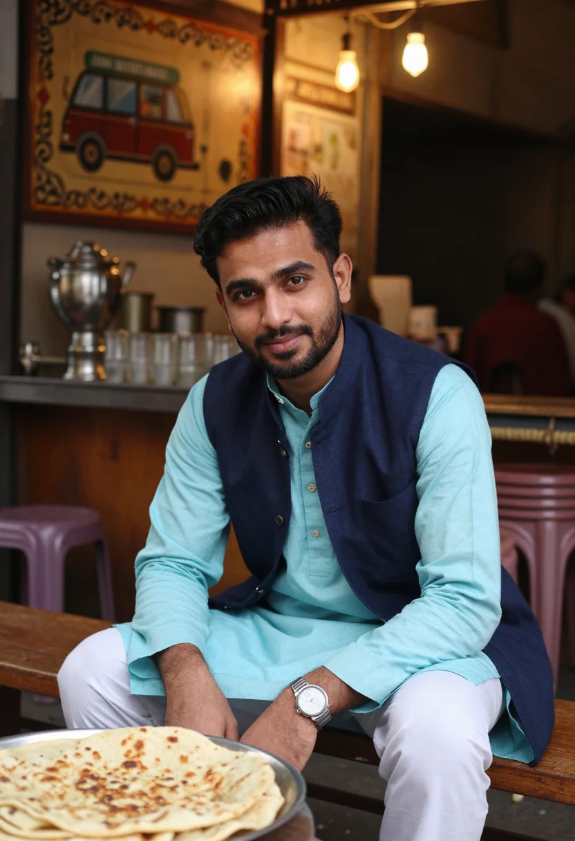 AI karachi kurta shalwar sample — portrait of a man, waist-up seated portrait of a Pakistani m