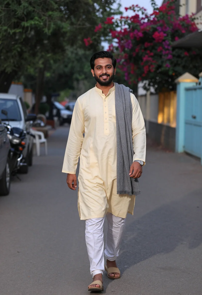 AI karachi kurta shalwar sample — portrait of a man, full-length walking portrait of a Pakista