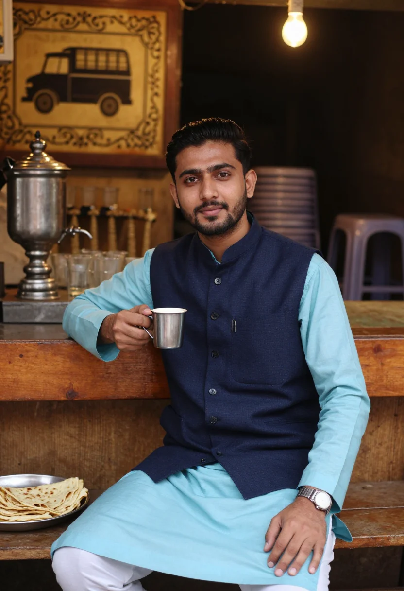 AI karachi kurta shalwar sample — portrait of a man, chest-up seated portrait of a Pakistani m