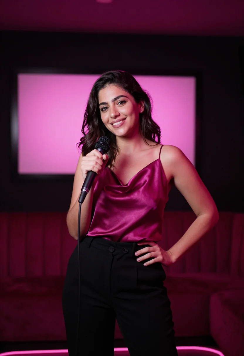 AI karaoke room magenta sample — portrait of a woman, framed half-length, cropped at the hip,