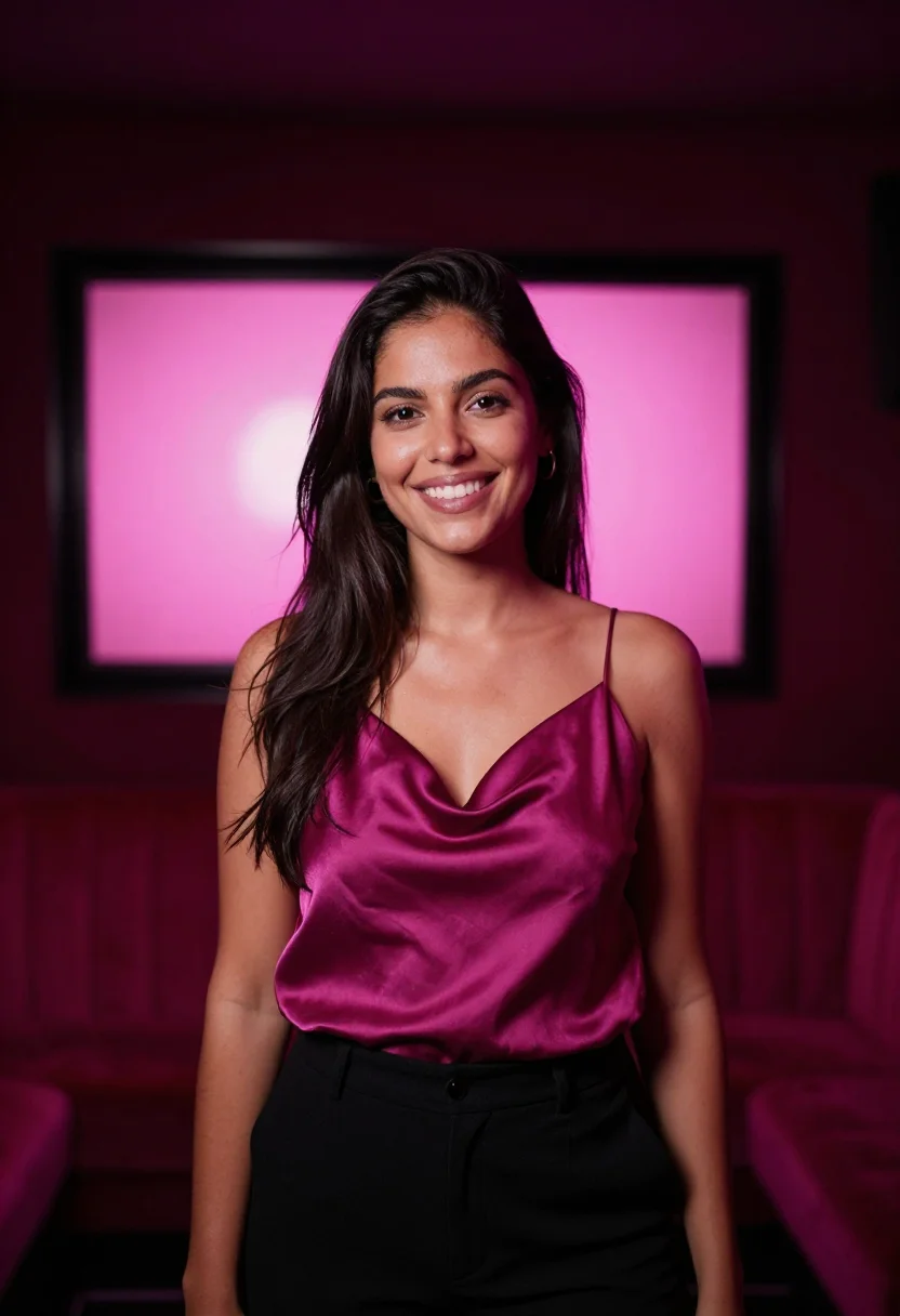 AI karaoke room magenta sample — portrait of a woman, framed tight, head and shoulders, the b