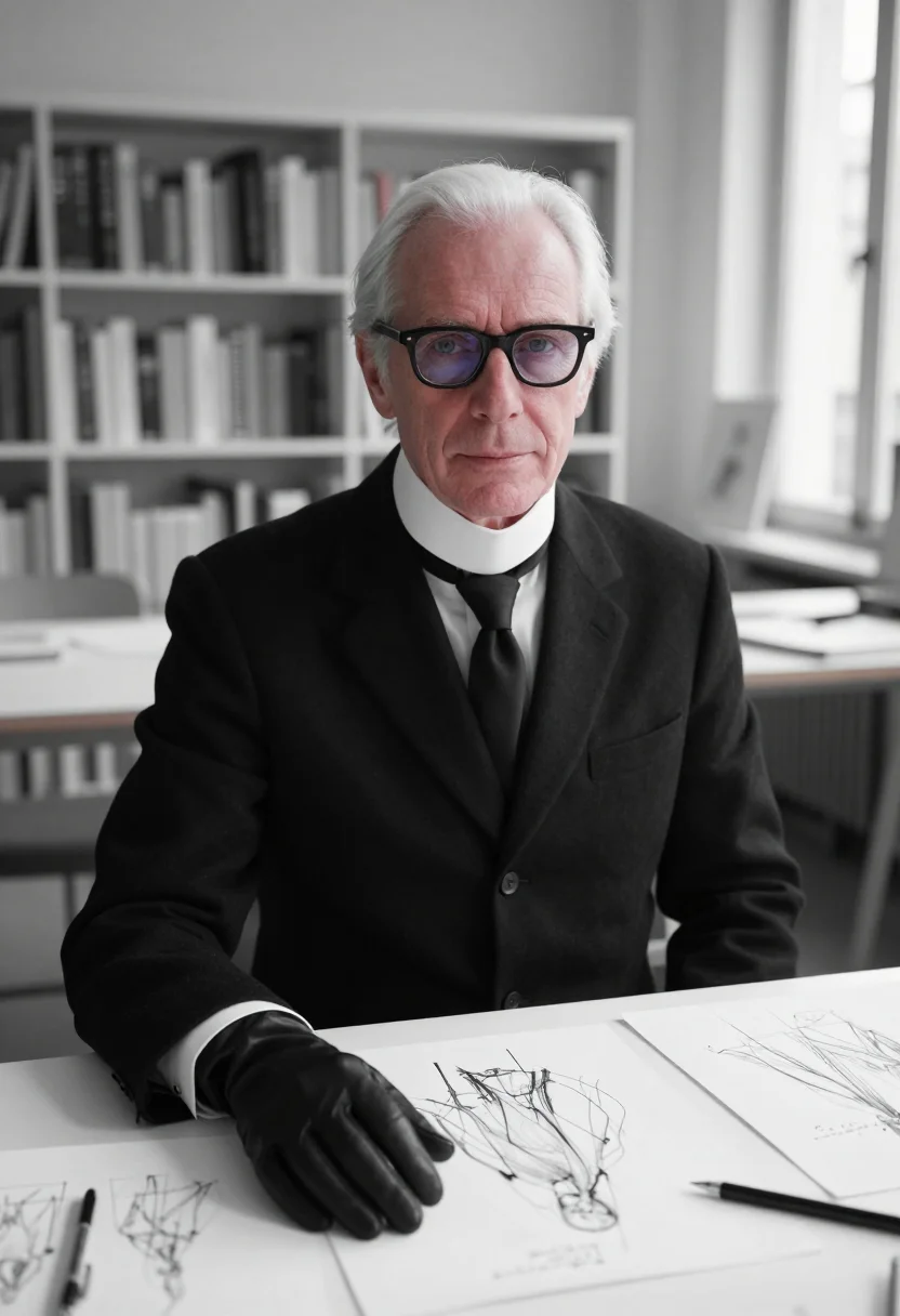 AI karl lagerfeld rue de lille white collar black sample — portrait of a man, an Austrian man in his sixties with pale