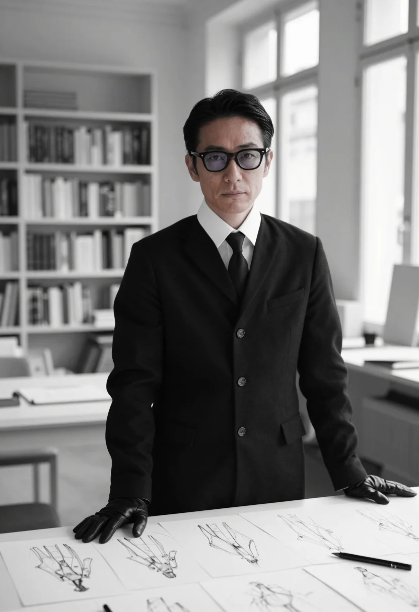 AI karl lagerfeld rue de lille white collar black sample — portrait of a man, a Japanese man in his mid-forties with wa