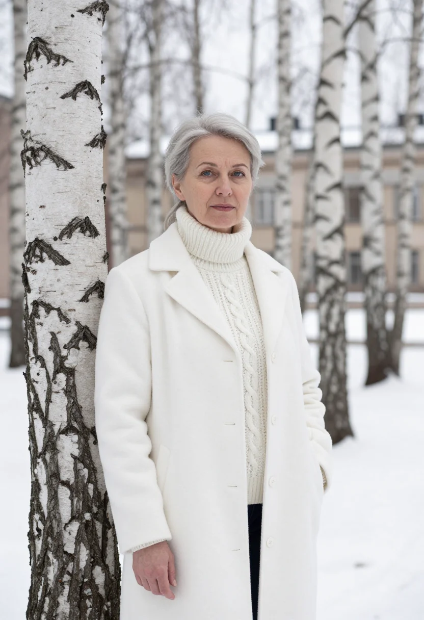AI karolinska physician birch white sample — portrait of a woman, a Finnish physician in her mid-fifties