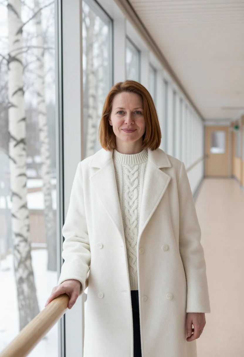 AI karolinska physician birch white sample — portrait of a woman, a Danish physician in her late forties