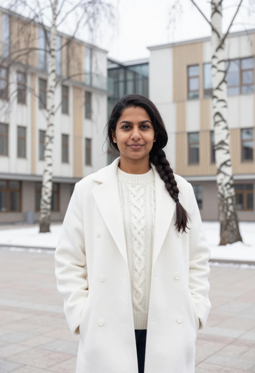 AI karolinska physician birch white sample — portrait of a woman, an Indian physician in her early fortie