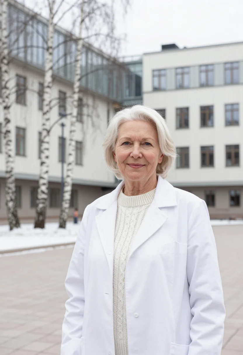 AI karolinska physician birch white sample — portrait of a woman, a Swedish physician in her late fifties