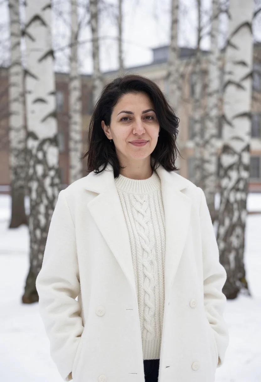 AI karolinska physician birch white sample — portrait of a woman, an Iranian-Swedish physician in her ear