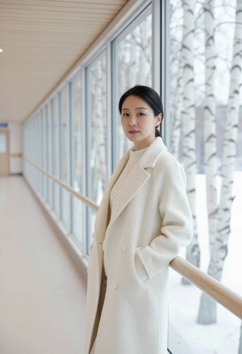 AI karolinska physician birch white sample — portrait of a woman, a Korean-Swedish physician in her mid-t