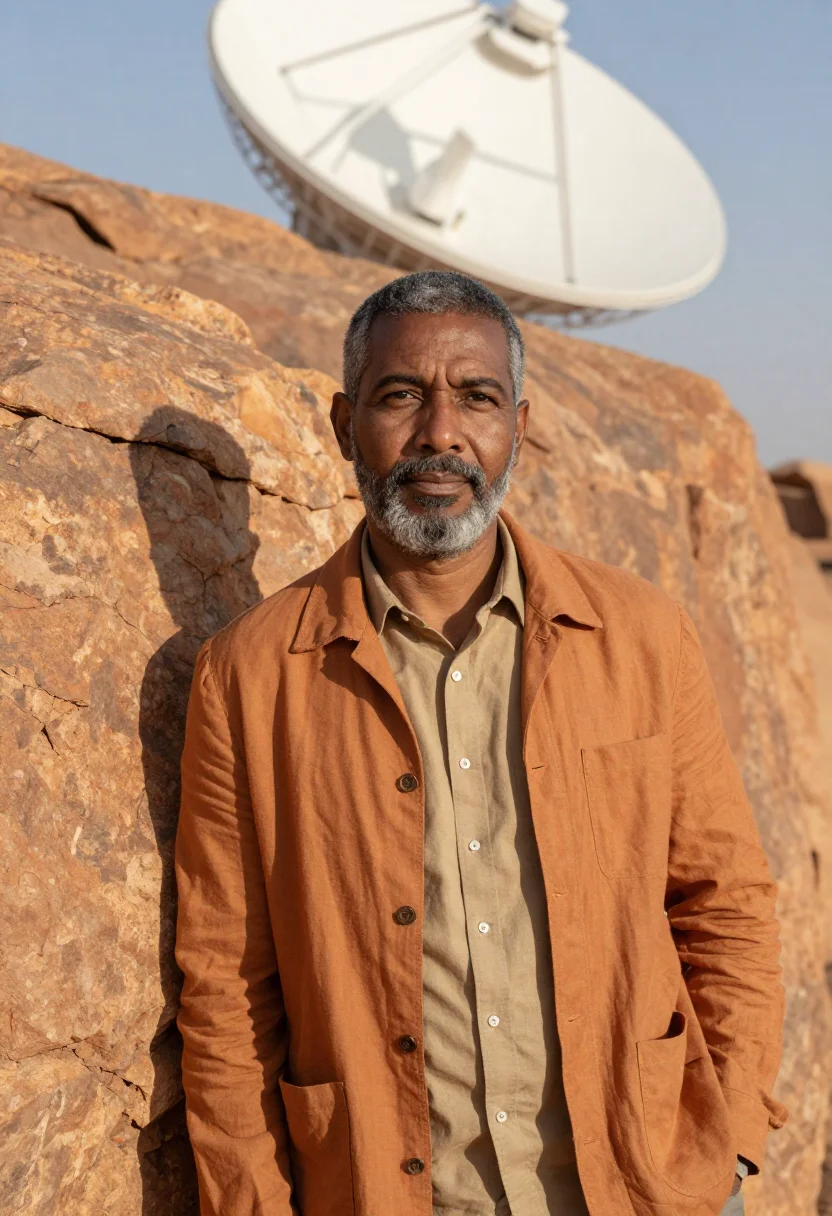 AI karoo astronomer semi desert ochre white dish sample — portrait of a man, a Cape Malay astronomer in his early fift