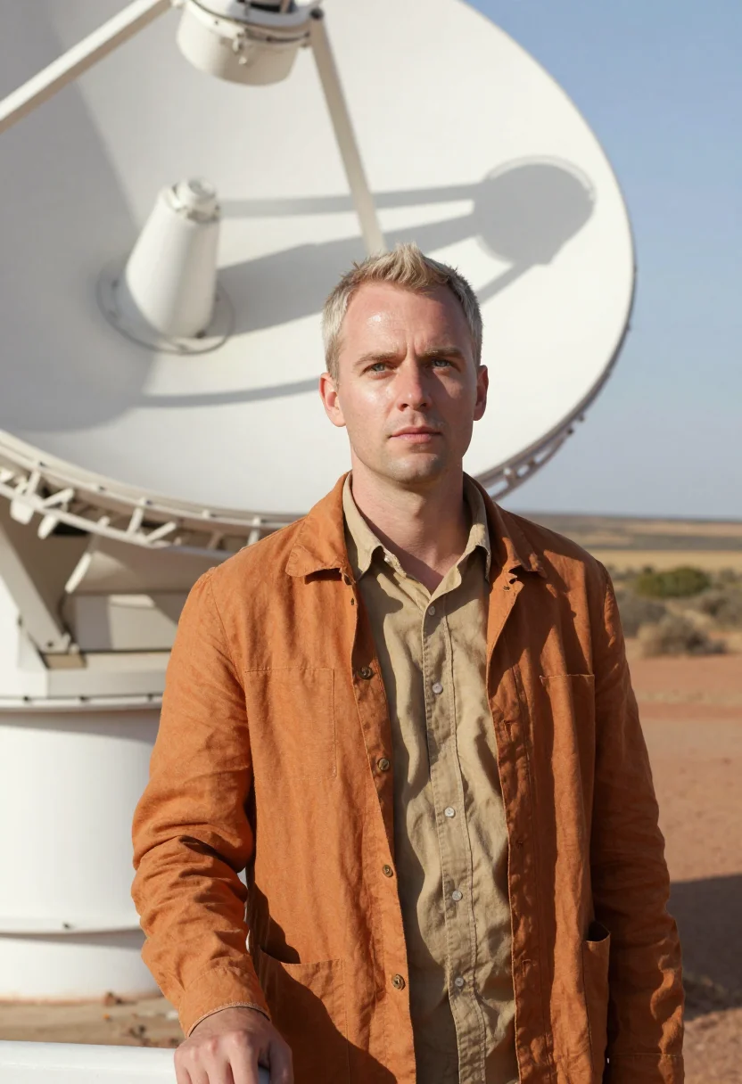 AI karoo astronomer semi desert ochre white dish sample — portrait of a man, a Dutch astronomer in his early forties w