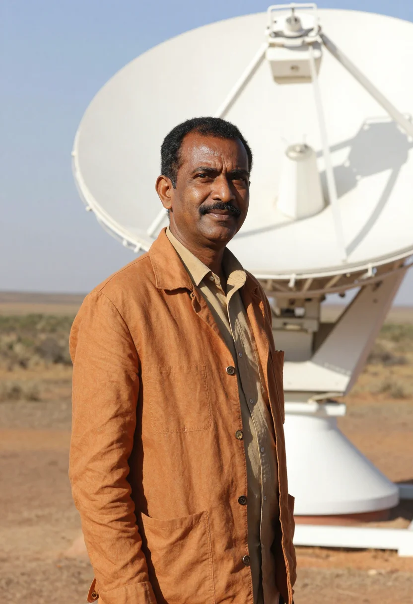 AI karoo astronomer semi desert ochre white dish sample — portrait of a man, an Indian South African astronomer in his
